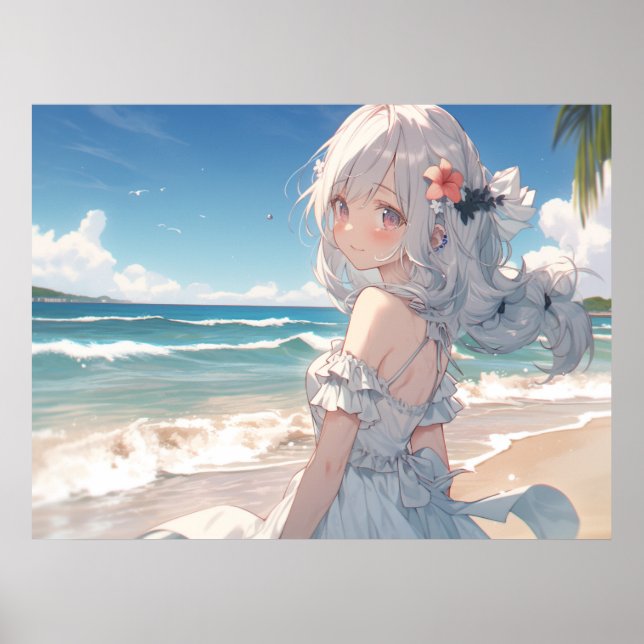 Cute white haired anime girl on the beach poster (Front)