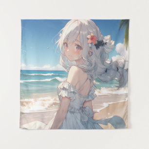 Cute white haired anime girl on the beach tapestry