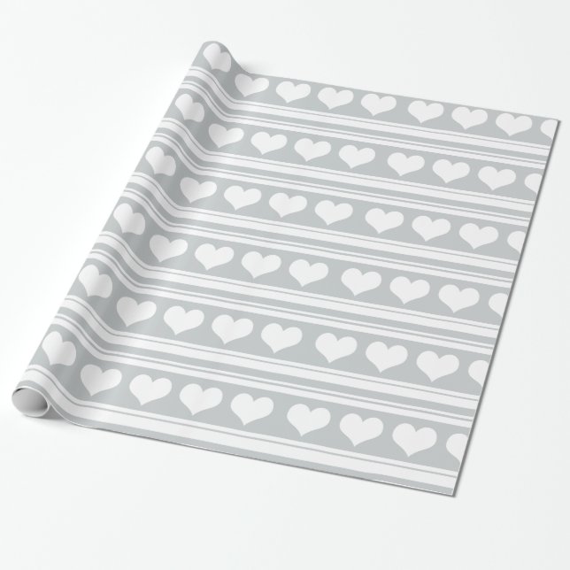 Cute White Heart Stripes Pattern Gray Wrapping Paper (Unrolled)