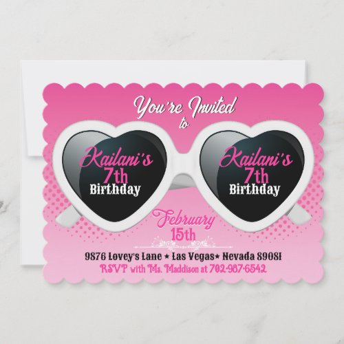 Cute White Heart Sunglasses Pink Birthday Photo Invitation