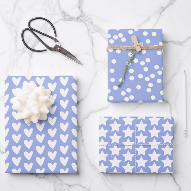 Cute White Hearts, Stars & Polkadots - Lavender Wrapping Paper Sheets (Front)