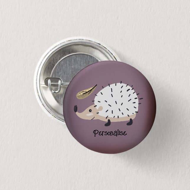 Cute White Hedgehog Personalized Purple Hat Button (Front & Back)