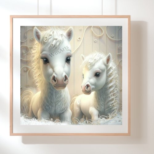 Cute White Horse Mom  Baby Art Nursery Poster