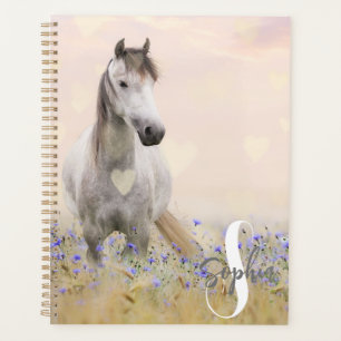 Cute White Horse Purple Flower Monogram Planner