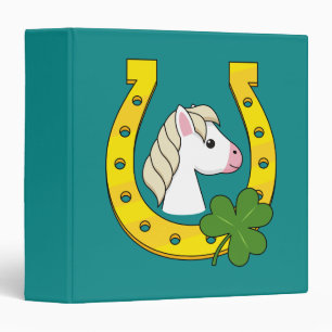 Cute White Horse w Golden Horse Shoe, Shamrock 3 Ring Binder