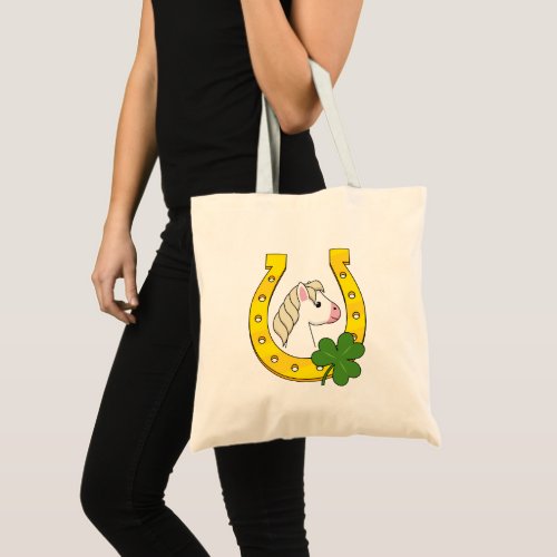 Cute White Horse w Golden Horse Shoe Shamrock Tote Bag