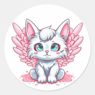 Cute White Kawaii Kitten with Pink Wings Classic Round Sticker