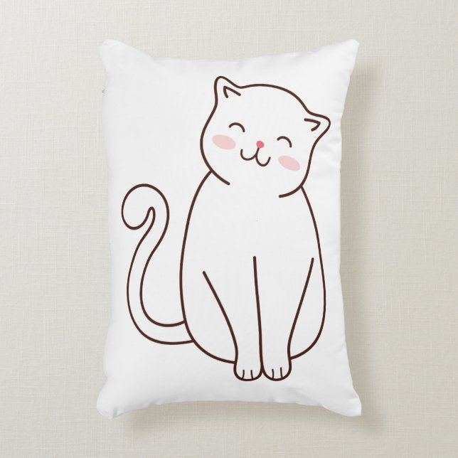 Cute White Kawaii Smiling Cat Accent Pillow (Front(Vertical))