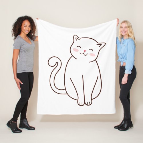 Cute White Kawaii Smiling Cat Fleece Blanket