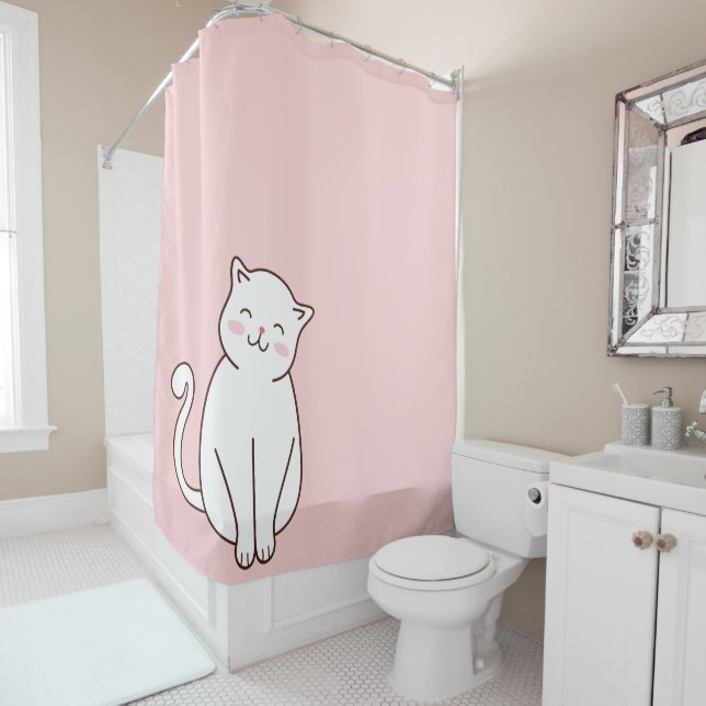 Cute White Kawaii Smiling Cat on Pink Shower Curtain (In Situ)