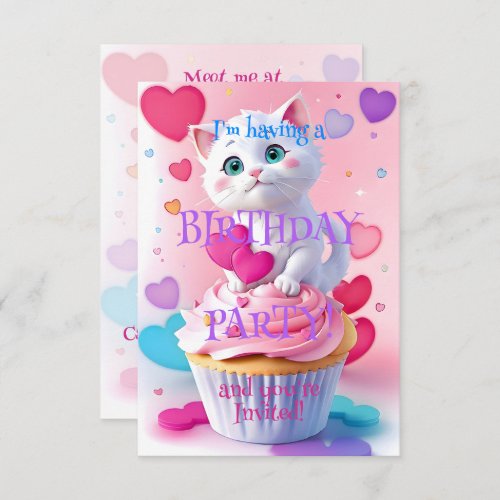 Cute White Kitten and Cupcake Girly Birthday Party Invitation