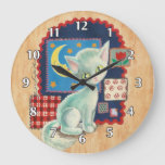 Cute White Kitten And Patchwork Large Clock at Zazzle