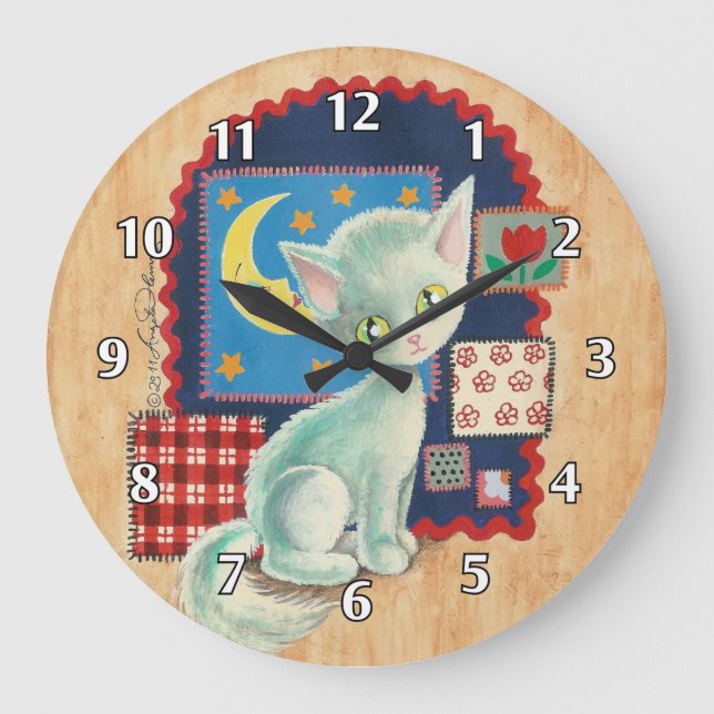 Cute White Kitten and Patchwork Large Clock (Front)