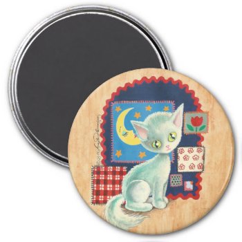 Cute White Kitten And Quilt Patchwork Art Magnet by ArtsyKidsy at Zazzle