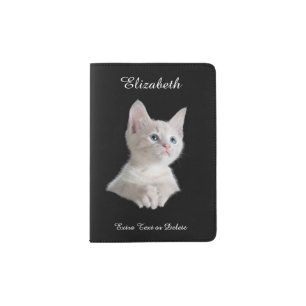 Cute White Kitten, Black, Name, Extra Text Passport Holder