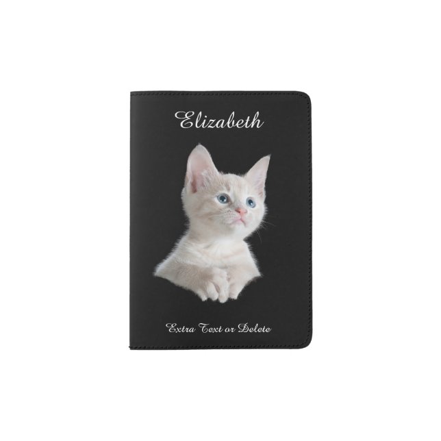 Cute White Kitten, Black, Name, Extra Text Passport Holder (Front)