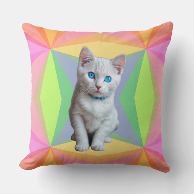Cute White Kitten Blue Eyes Rainbow Geometric Throw Pillow (Front)