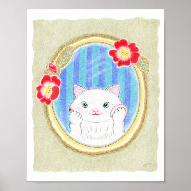 Cute White Kitten Cat Makeup  Kids Art Poster (Front)