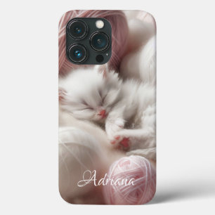 Cute White Kitten in Balls of Yarn Personalized iPhone 13 Pro Case