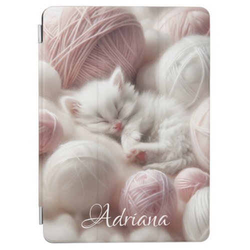 Cute White Kitten in Balls of Yarn Personalized iPad Air Cover