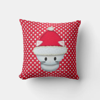 Cute White Kitten in Santa Hat Red Polka Dot Throw Pillow