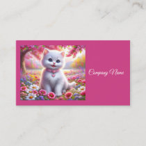 Cute White Kitten in Spring Wildflowers Business Card
