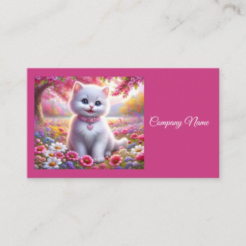 Cute White Kitten in Spring Wildflowers Business Card