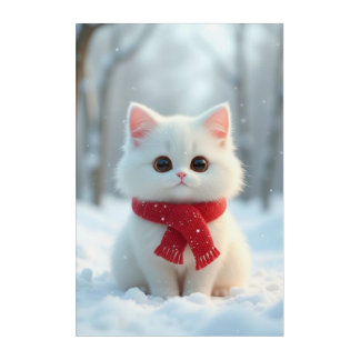 Cute White Kitten in Winter with Red Scarf Acrylic Print