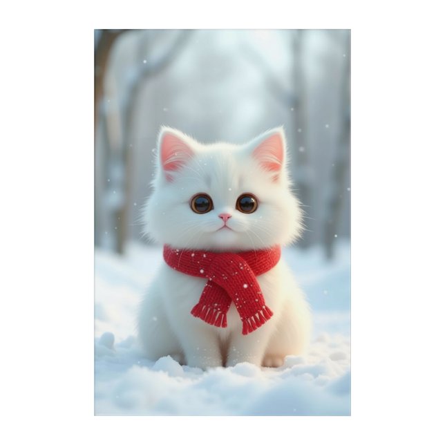 Cute White Kitten in Winter with Red Scarf Acrylic Print (Front)