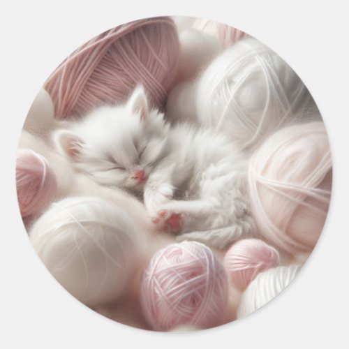 Cute White Kitten Napping in Yarn Classic Round Sticker