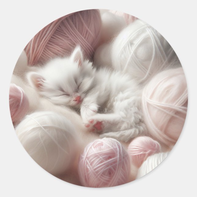 Cute White Kitten Napping in Yarn Classic Round Sticker (Front)