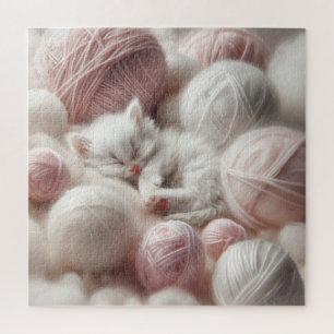Cute White Kitten Napping in Yarn Jigsaw Puzzle