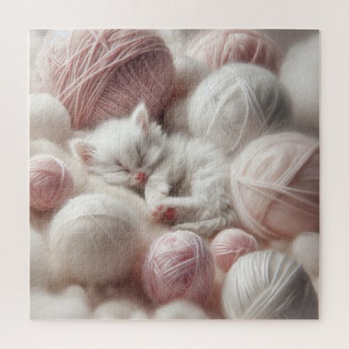 Cute White Kitten Napping in Yarn Jigsaw Puzzle