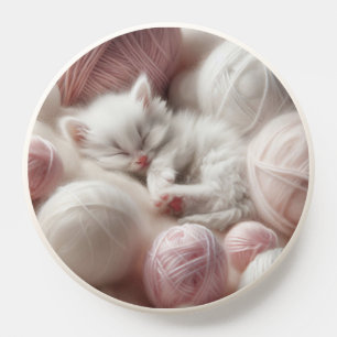 Cute White Kitten Napping in Yarn PopSocket