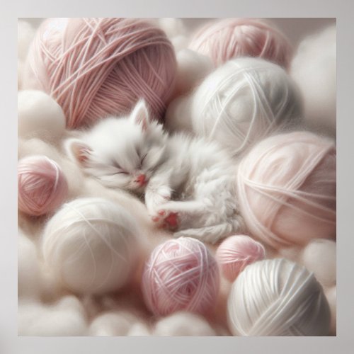 Cute White Kitten Napping in Yarn Poster