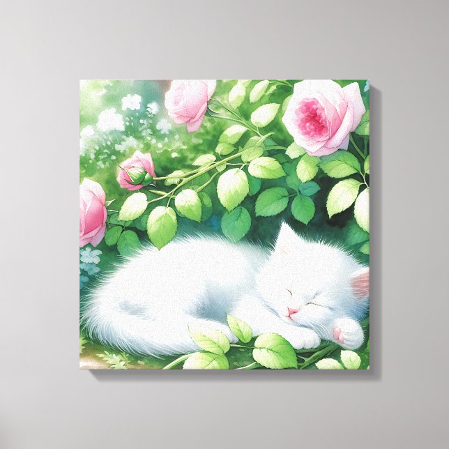 Cute White Kitten Napping Under Rosebush Canvas Print (Front)