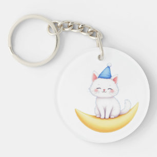 Cute White Kitten on Moon Acrylic Keychain