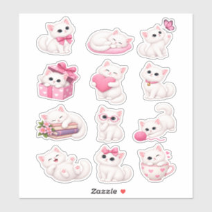 Cute White Kitten Pink Bow Gift Box Teacup Sticker