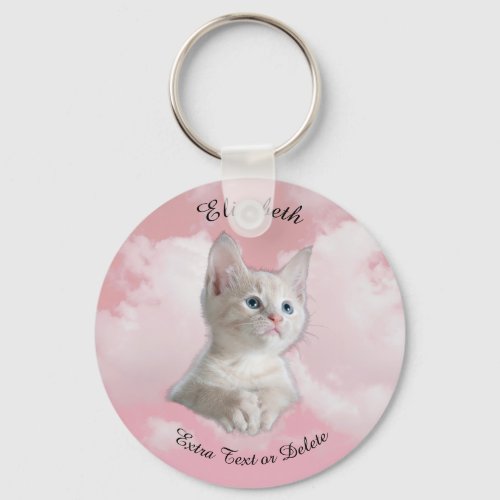 Cute White Kitten Pink Sky Black Name Extra Text Keychain