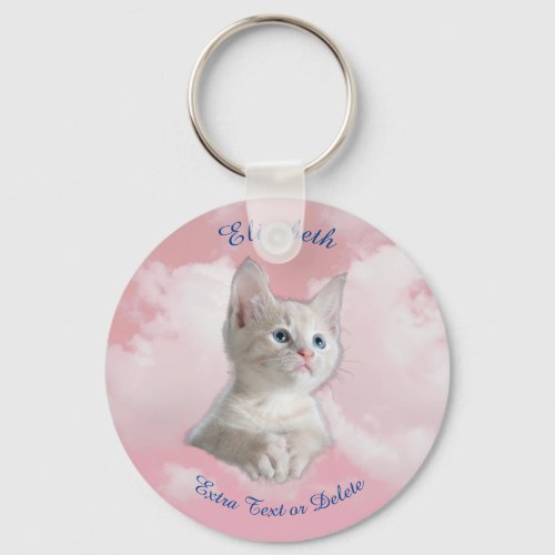 Cute White Kitten Pink Sky Blue Name  Extra Text Keychain