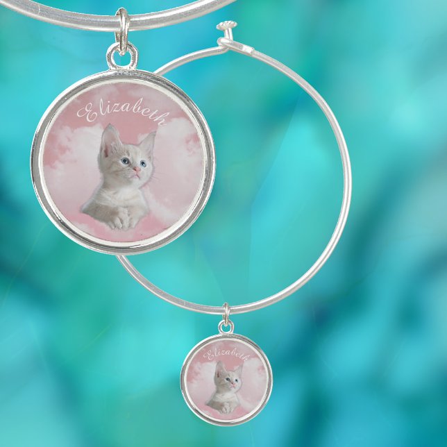 Cute White Kitten, Pink Sky & Clouds, DIY Name Bangle Bracelet (Creator Uploaded)