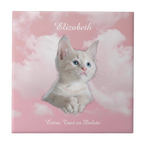 Cute White Kitten Pink Sky Clouds Name Extra Text Ceramic Tile