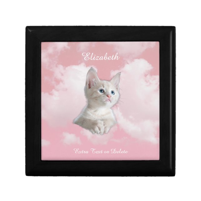 Cute White Kitten Pink Sky Clouds Name, Extra Text Gift Box (Front)