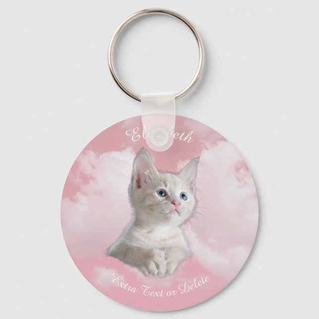 Cute White Kitten Pink Sky Clouds Name, Extra Text Keychain (Front)