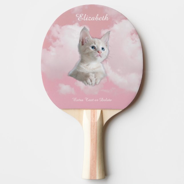 Cute White Kitten Pink Sky Clouds Name, Extra Text Ping Pong Paddle (Front)
