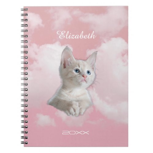 Cute White Kitten Pink Sky Clouds Name Year Notebook