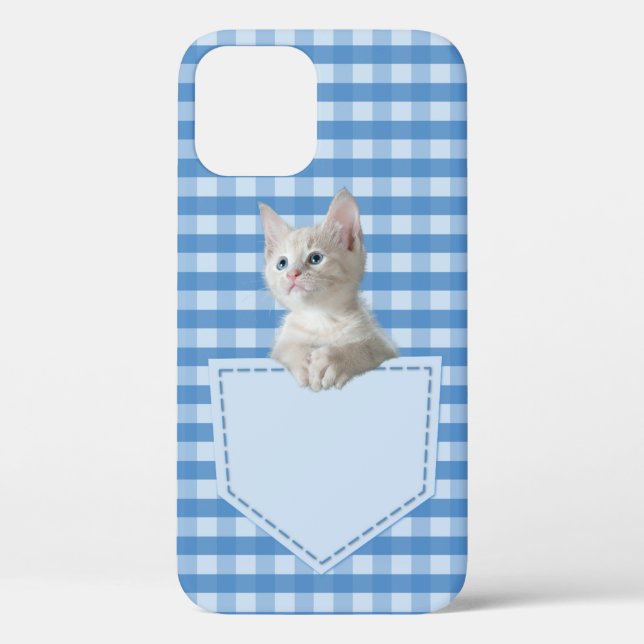 Cute White Kitten Pocket Gingham Blue Pattern Case-Mate iPhone Case (Back)