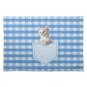 Cute White Kitten Pocket Gingham Blue Pattern Cloth Placemat