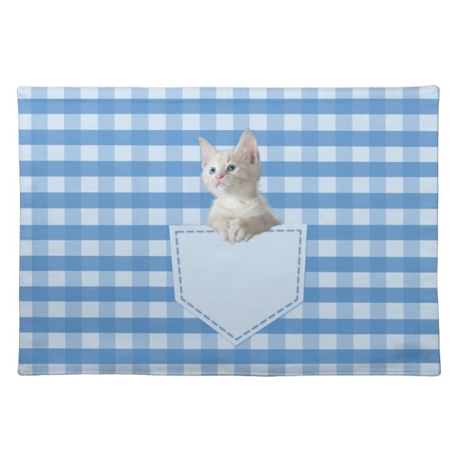 Cute White Kitten Pocket Gingham Blue Pattern Cloth Placemat (Front)