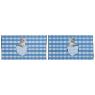 Cute White Kitten Pocket Gingham Blue Pattern Pillow Case